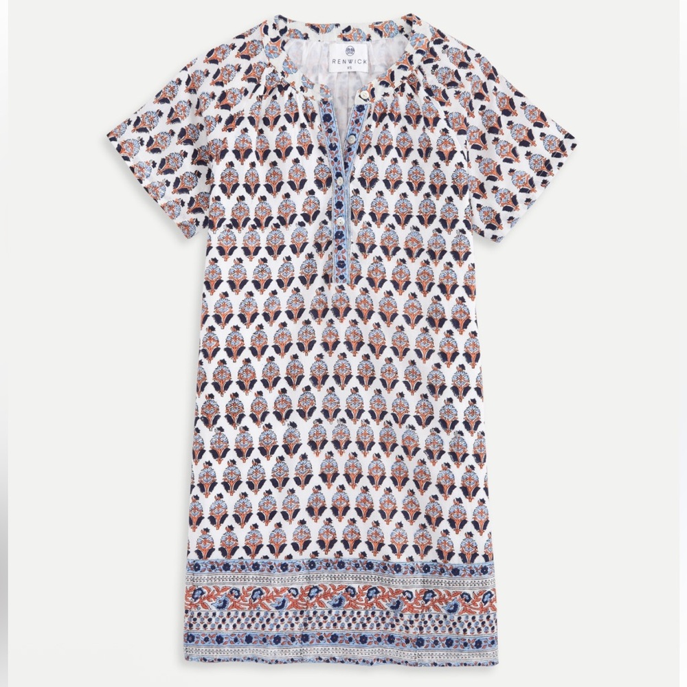 Renwick Golf Block Print Beach Dress Size XS White Blue Coral Navy Black